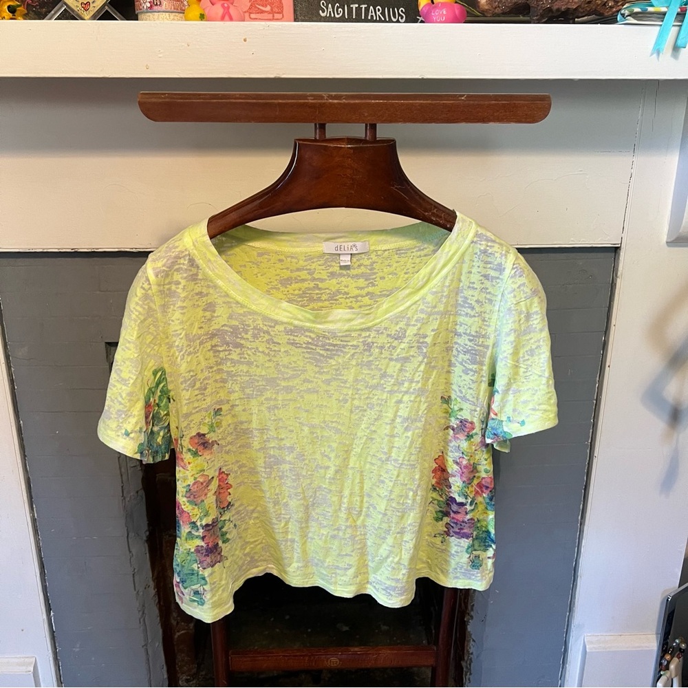 dELiA*s Women's Light Yellow Floral Tee